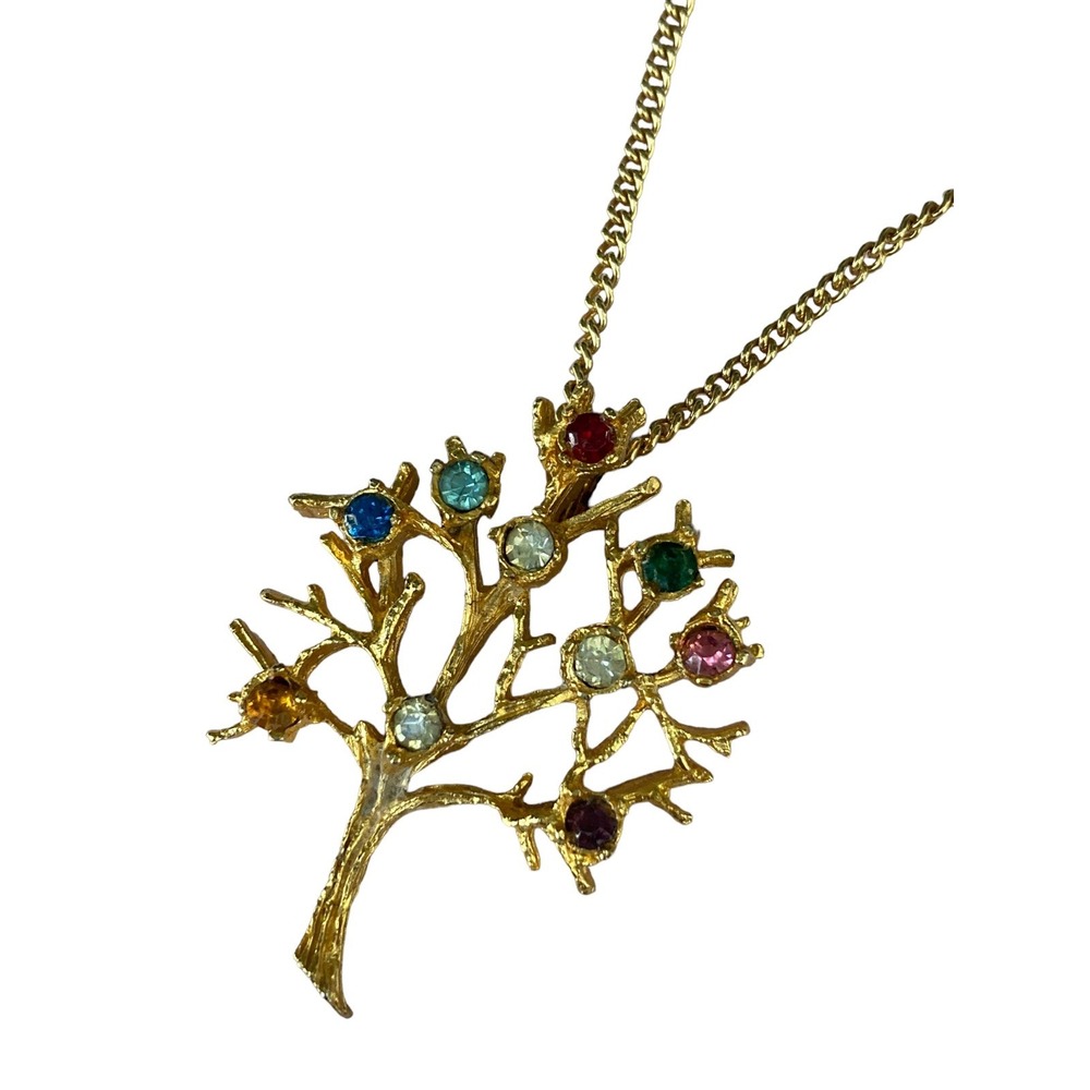Vintage Gold Tone Stone Tree Necklace